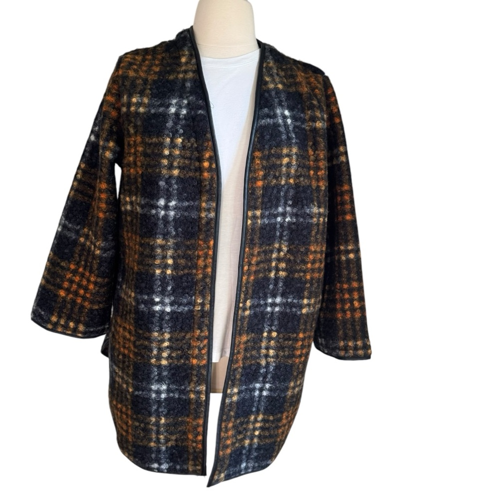 Ava & Viv Women's Cozy Overcoat Jacket Open Front Rust Plaid Black Orange Sz. 1X